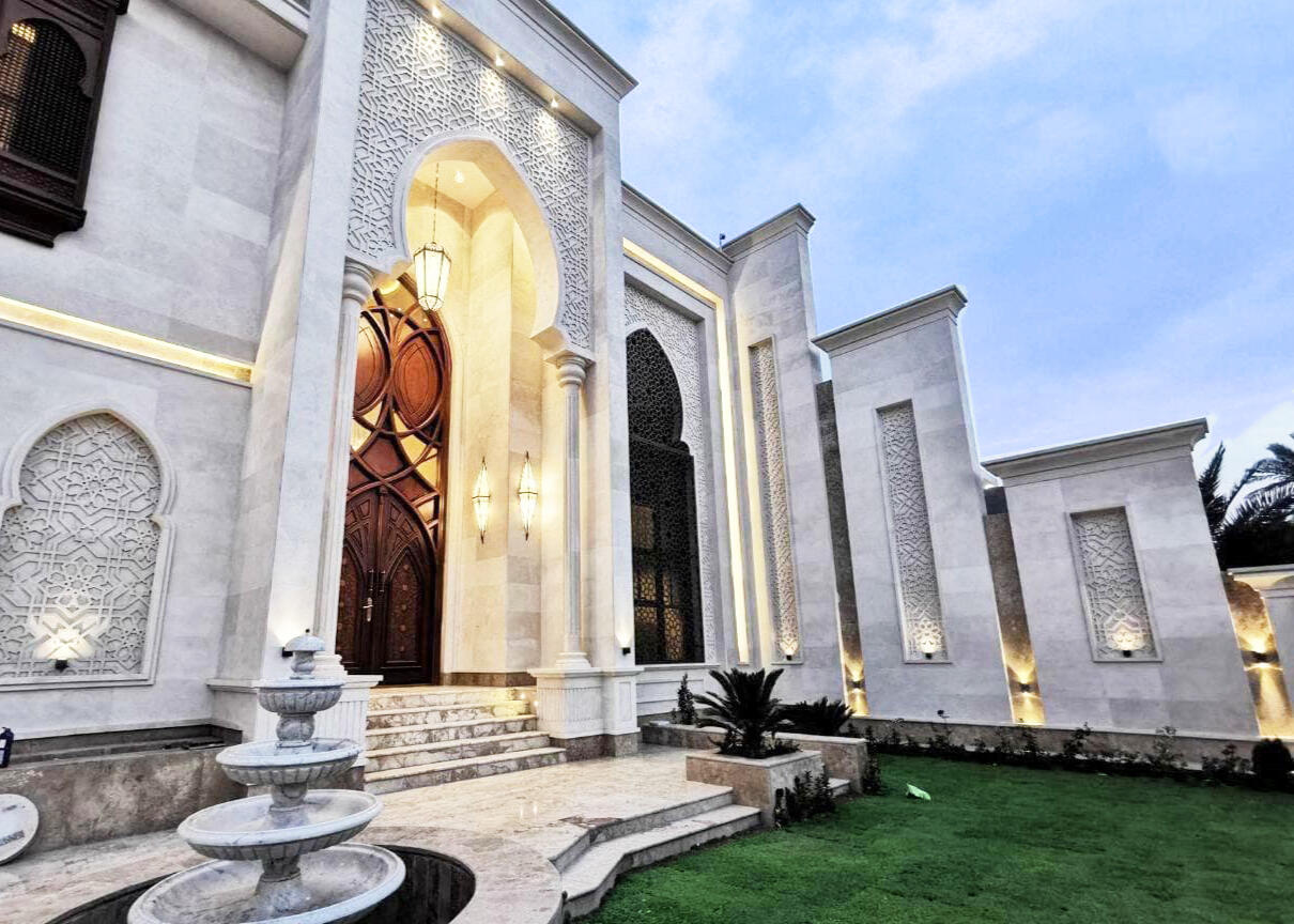 Dar Al Asema · Classical Limestone Facade Baghdad, Iraq · 2025 Classical limestone facade, six floors of columns, arches, and hand-carved ornamental detail at full building scale.