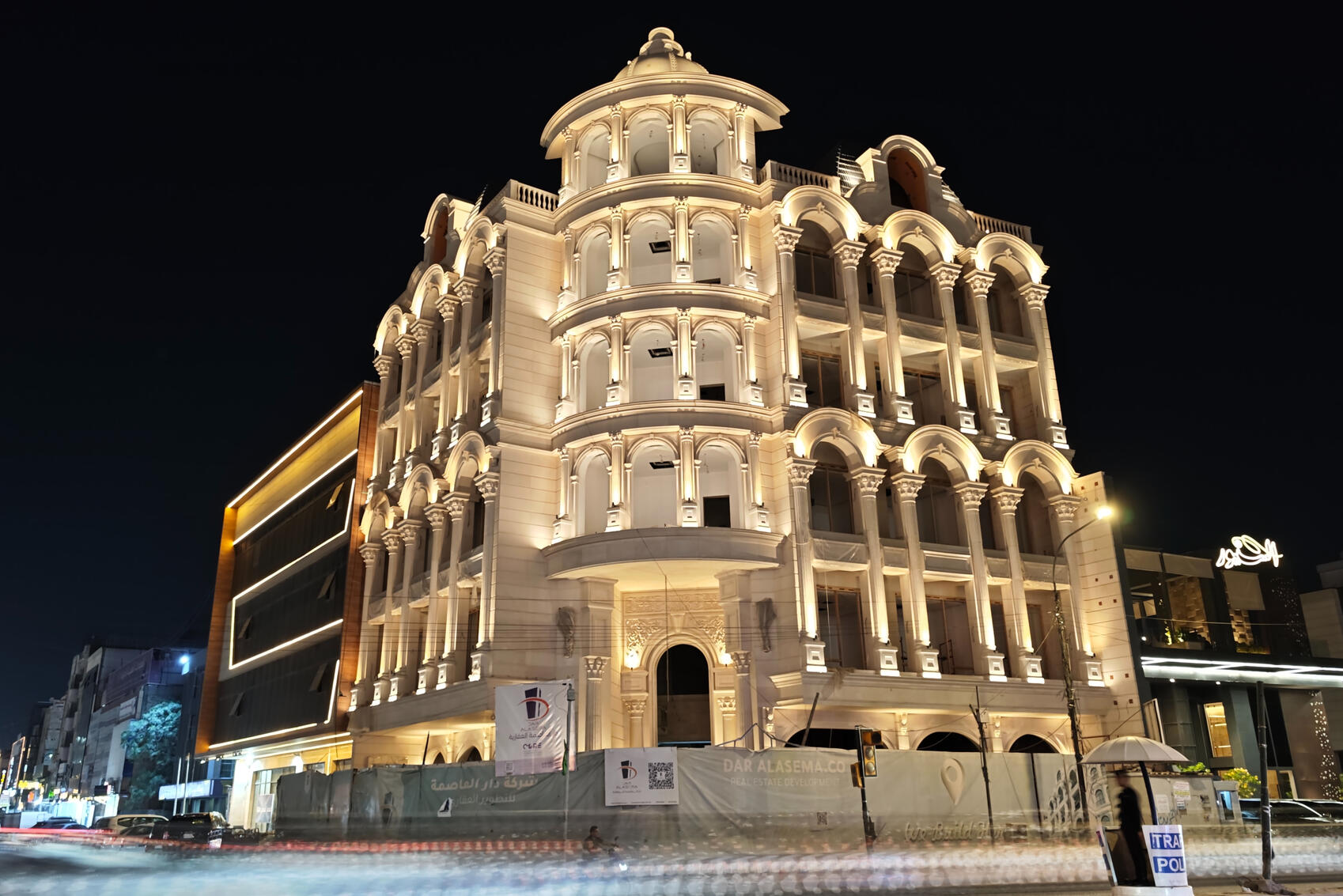 Dar Al Asema · Classical Limestone Facade Baghdad, Iraq · 2025 Classical limestone facade, six floors of columns, arches, and hand-carved ornamental detail at full building scale.