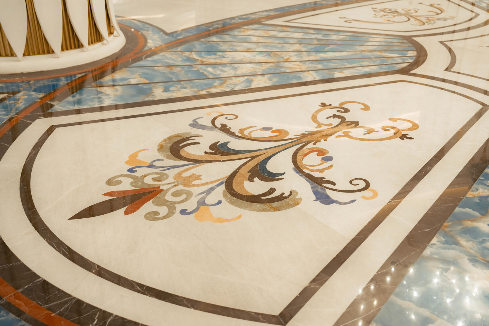 World Heart Hotel Lobby Middle East · 2025. 5,500 stone pieces. Zero site cuts. Every element pre-fabricated and installed with surgical precision — rare stone inlay at institutional scale.