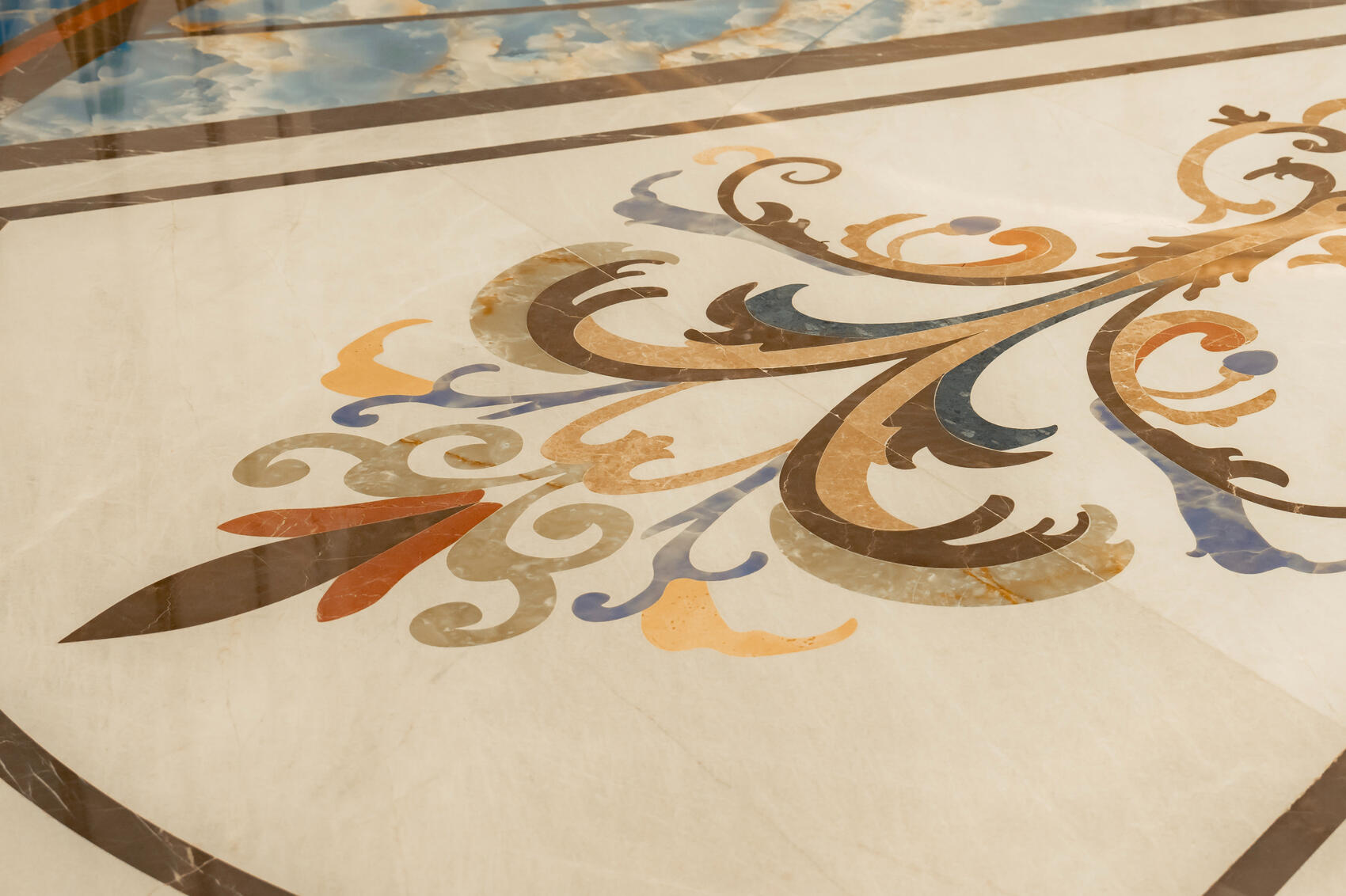 World Heart Hotel Lobby Middle East · 2025. 5,500 stone pieces. Zero site cuts. Every element pre-fabricated and installed with surgical precision — rare stone inlay at institutional scale.